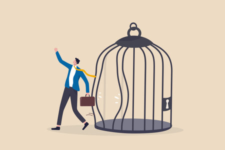 Escape from routine comfort zone, change to experience new challenge or break free for freedom concept, strong ambitious businessman bended the bar and escape from bird cage trap.のイラスト素材