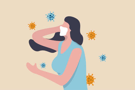 Mental wellness in Coronavirus COVID-19 pandemic, loneliness quarantine causing anxiety and emotional stressed concept, depressed struggle woman wearing protective face mask with Coronavirus pathogen.のイラスト素材