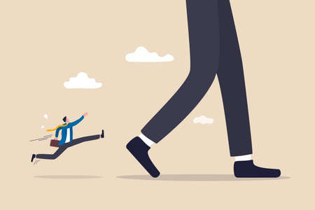 Big business leader, competitive advantage to lead and increase market share from business rivalry concept, big businessman with advantage long legs walking lead by far from his small competitors.のイラスト素材