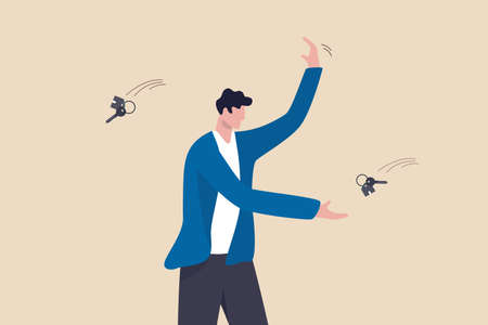 Housing deal, sell old house and buying new one, real estate and property trading or mortgage concept, home owner throwing old house key and grab new one.のイラスト素材