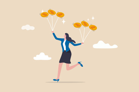 Bitcoin market risk, volatility and danger crypto currency price, challenge to success in bitcoin investment concept, smart businesswoman performing plates spinning with shiny bitcoin physical coins.のイラスト素材