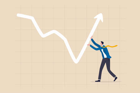 Leadership to lead business growth in market downturns, entrepreneur or investor skill to manage to earn more profit concept, businessman investor push arrow graph and chart to be back rising up.のイラスト素材