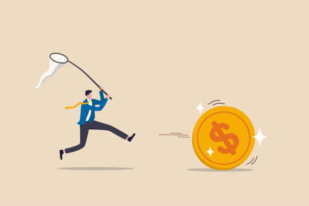 Chasing high performance active mutual fund, buying rising star stock or funds, catch or grab hot ETFs concept, businessman investor run chasing try to catch high performance attractive dollar coin.のイラスト素材