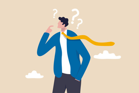Skeptical, distrust or questioning about business deal, thinking to make decision, doubtful or confusion concept, businessman with suspicious gesture thinking about things with question mark signs.のイラスト素材