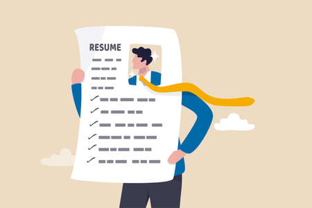 Stand out resume or CV, creativity way to present business profile to apply for new job concept, young smart businessman holding his resume or CV printed paper present his working profile for hiring.のイラスト素材