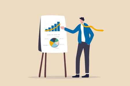 Business presentation, professional speaker to present work progress or investment portfolio concept, smart businessman present business analysis report on whiteboard in company meeting or conference.のイラスト素材
