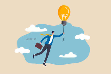 Big idea to solve business problem, invention or innovation to drive business growth or work achievement concept, smart businessman manager holding light bulb floating balloon flying high in the sky.のイラスト素材