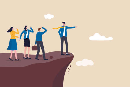 Wrong direction leader, stupid authoritarian boss, stupidity or mistake lead company and employees to sabotage or bad problem concept, stupid boss manager pointing order employees to jump off cliff.のイラスト素材
