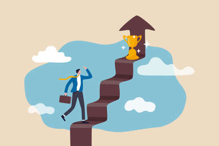 Business success, goal and achievement concept, businessman walking up staircase with rising arrow into high sky to find winning trophy at the final top section.のイラスト素材