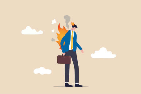 Employee burn out, exhausted from overworked or overload task, mental problem or stressful from too much workload concept, depressed businessman office worker with fire burn on his head and suit.のイラスト素材