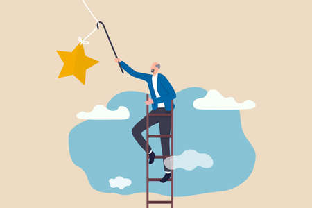 Retirement pension fund target, financial planning for retiree or success retirement life concept, elderly senior retired man climbing up ladder to the top high into the sky to grab the star.のイラスト素材