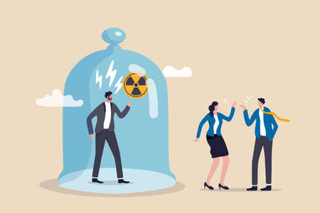 Toxic boss, bad environment in workplace, unfairness, micromanage or mislead manager concept, angry manager captured in cover with prohibit toxic sign and team are peacefully discussing work outside.のイラスト素材