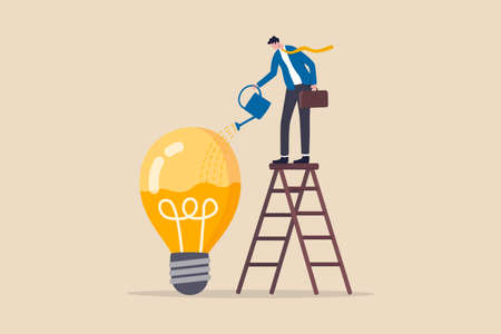 Idea development, creativity genius or knowledge to think about new business idea, skill improvement or career growth concept, smart businessman on ladder watering to fill in liquid in idea light bulbのイラスト素材