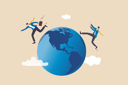 Global business competitor, innovation that change the agile world, international working abroad concept, businessman compete by running away and catch each other on the world, planet earth.のイラスト素材