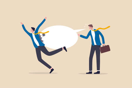 Hate speech, bullying, words or message that hurt people, aggressive management style, racism in workplace concept, bossy aggressive businessman shout with speech bubble to hurt coworker or colleague.のイラスト素材