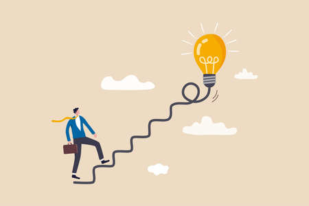 Creativity for business idea, thinking and brainstorm for new idea or opportunity, career path or goal achievement, businessman start walking on electricity line as stairway to big idea lightbulb.のイラスト素材