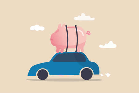 Saving money to buy new car, expense or budget for car maintenance service, debt or car loan concept, big cute pink piggybank money box on the roof of riding car.のイラスト素材