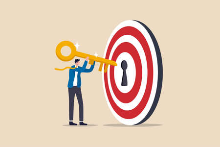 Key to success and achieve business target, KPI, career achievement or secret for success in work concept, businessman putting golden key into bullseye target key hold to unlock business success.のイラスト素材