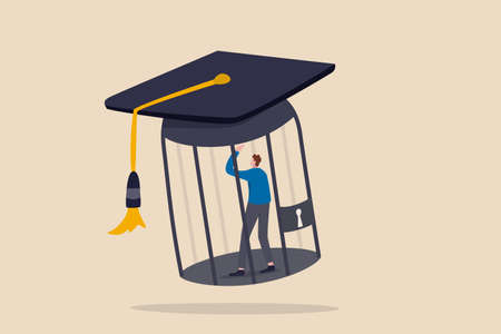 Student loan debt, money trap that graduated have to payback huge amount of money, expensive cost for education concept, depressed confused new graduated student in birdcage with graduation cap.のイラスト素材