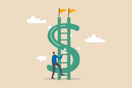 Money ladder to achieve financial independent goal, challenge to reach investment target or wealth planning strategy concept, businessman starting to climb up ladder to the top of money dollar sign.のイラスト素材