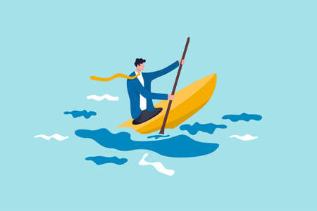 Leadership to overcome business difficulty, skill or decision making to survive in crisis concept, ambitious businessman professional kayaking or canoe boat with full effort to survive the ocean stormのイラスト素材