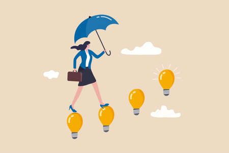 Career success with business knowledge or creativity, woman leadership or career growth and achievement concept, smart businesswoman walking on innovative light bulb idea lamp as stairway to success.のイラスト素材