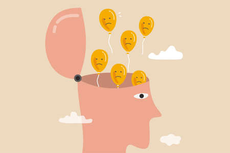 Relaxation to let anxiety and negative thought fly away, mentally relieve or mindfulness to cure depression, open head to let balloons with sad and unhappy face fly away.のイラスト素材