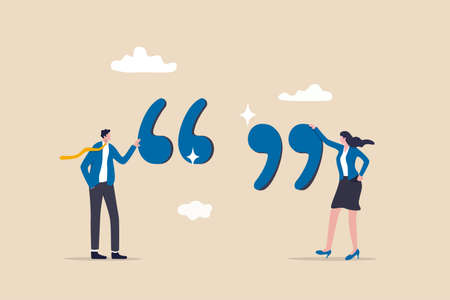 Inspiration quotes to motivate people, business quotation or message to achieve success concept, smart businessman and businesswoman standing with quotation mark sign.のイラスト素材