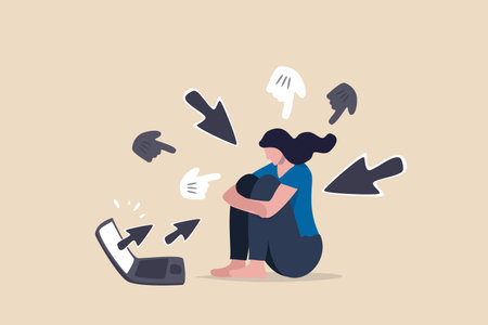 Cyber bullying, internet abuse or online troll, social media problem with hater comments concept, depressed teenager girl sitting alone with computer laptop and mouse hand cursors pointing on her.のイラスト素材