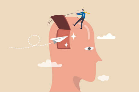 Open mind to receive new message or inspiration, free your brain to think about new idea or free your ego concept, businessman open window on human head to let origami paper airplane flying inside.のイラスト素材