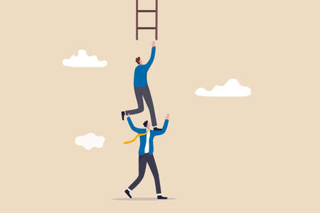 Support or mentor to achieve business success, teamwork collaboration or partnership help to reach target concept, businessman coworker support his colleague reaching to climb ladder of success.のイラスト素材