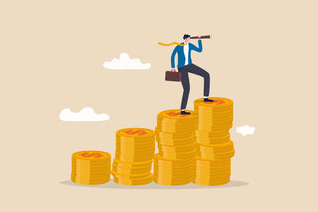 Financial visionary, investment growth, interest rate rising up or economic forecast concept, businessman leader on growth money stack using telescope or spyglass looking forward for bright future.のイラスト素材