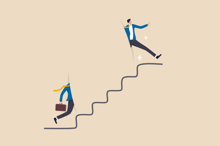 Shortcut for business success, stairway or step to career growth, get rich fast or strategy to achieve target concept, smart confidence businessman climbing up stair with special shortcut to success.のイラスト素材