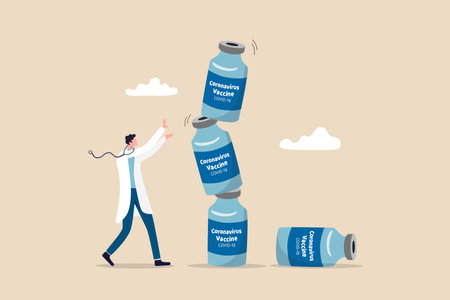 Coronavirus vaccine side effect, instability or efficacy rate concept, doctor take care of unstable COVID-19 vaccine bottle stack.のイラスト素材