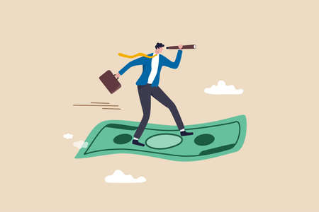 Investment opportunity, visionary to make profit or financial growth concept, smart businessman riding flying banknote money using telescope or spyglass to see future.のイラスト素材