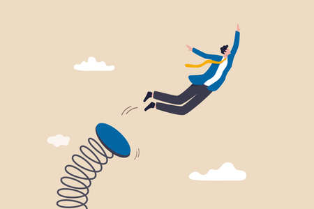 Boost up business growth, improvement, career path or job promote to higher position concept, confidence businessman leader jumping springboard up high in the sky.のイラスト素材