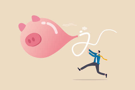 Loss money from economic crisis or stock market crash, financial problem or losing all savings pension concept, businessman running trying to catch flying deflate piggy bank balloon.のイラスト素材
