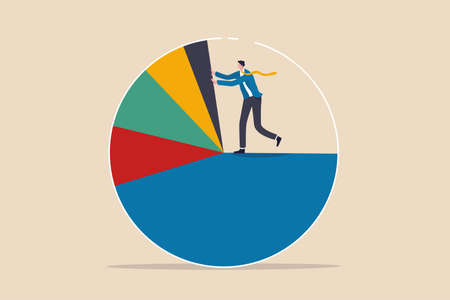 Business analysis, investment asset allocation or economic statistic concept, smart businessman standing on pie chart pushing allocation to the best performance position.のイラスト素材