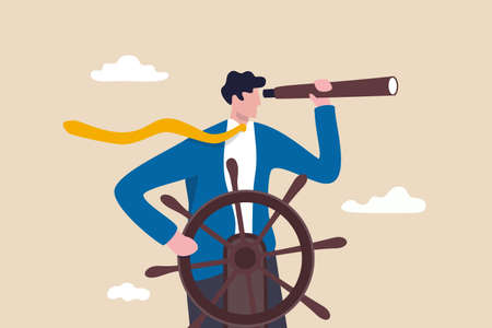 Business leadership and visionary to lead company success. smart businessman boat captain control steering wheel helm with telescope vision.のイラスト素材