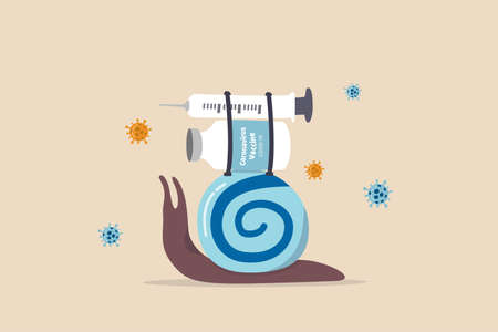 Slow COVID-19 Coronavirus vaccine in developing countries. snail slowly walk with load of COVID-19 vaccine bottle and syringe with virus pathogen.のイラスト素材