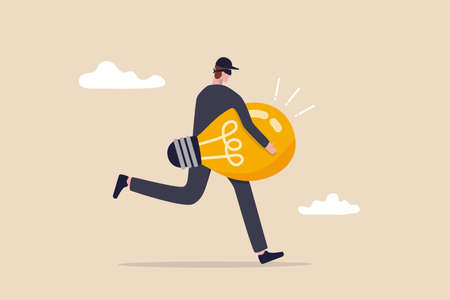 Stealing idea or plagiarism. piracy on intellectual property or infringement concept. thief man in black running with light bulb idea steal from other owner.のイラスト素材