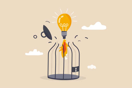 Unleash creativity or unlock business idea to grow beyond limitation concept. light bulb creative idea breaking birdcage with launching  rocket booster.のイラスト素材