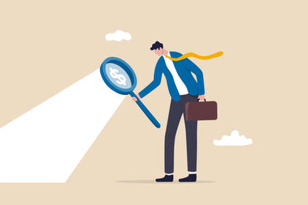 Searching for investment opportunity. stock market research or hidden cost and expense concept. businessman looking through magnifying glass to see dollar money sign search for money.のイラスト素材