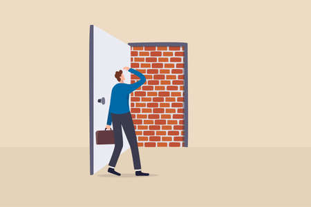 Business dead end. no way to exit or big mistake and wrong decision.  businessman open exit door and found brick wall blocking the way.のイラスト素材