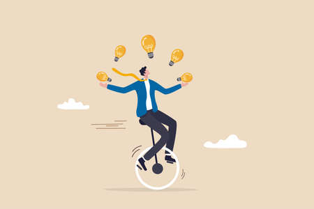 Creativity and ideas. innovation or skill to success in business skillful businessman riding unicycle juggling light bulb lamp metaphor of plenty ideas.のイラスト素材