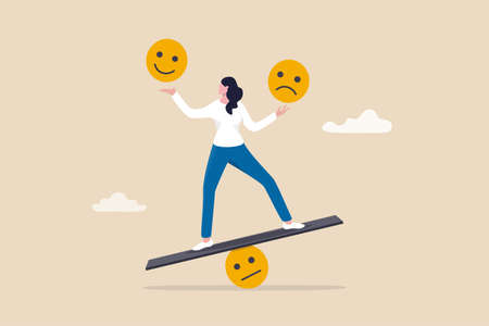 Emotional intelligence, balance emotion control feeling between work stressed or sadness and happy lifestyle concept. mindful calm woman using her hand to balance smile and sad face.のイラスト素材