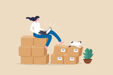 Selling product online, e-commerce or internet shopping, small business or entrepreneurship concept, success woman entrepreneur receive order from computer sitting with box parcel ready to ship.のイラスト素材
