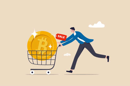 Buying Bitcoin on sale when cryptocurrency price crash to make profit concept, smart man buying or purchasing crypto currency Bitcoin in shopping cart trolley to speculate earning in the future.のイラスト素材