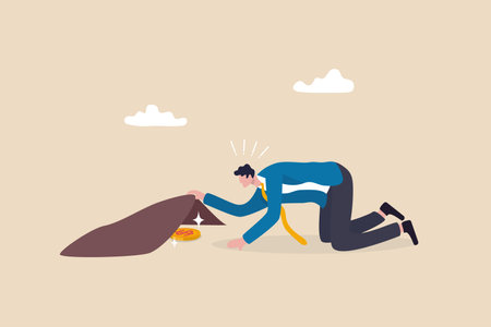 Finding bargain stock, hidden cost or expense, searching for yield or investment return concept, businessman successfully find golden dollar coin money under the carpet.のイラスト素材