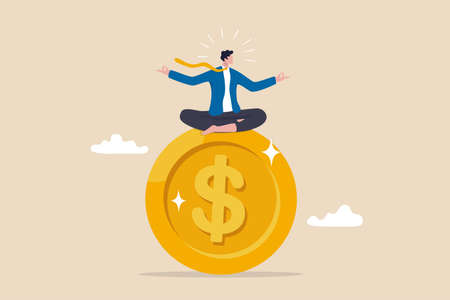 Financial guru or expert, behavioral finance mindfulness for wealth management, money and investment advisor concept, smart businessman meditate and floating on big golden money dollar coin.のイラスト素材